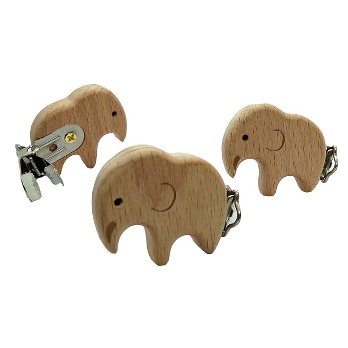 5pcs Natural Beech Wood Animal Pacifier Clips Grasping Toy Suspender Chain Clips Charm Antique DIY Beading Accessory (Elephant)