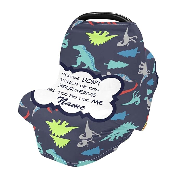 Personalized No Touching Sign Baby Car Seat Cover with Name, Customized Dinosaur Infant Stroller Canopy, Multiuse Carseat Covers Nursing Covers Breastfeeding Scarf, Shower Gift for Newborn Boys