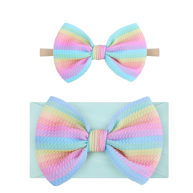 4.5'' Baby Bows Handmade Headbands 6'' Printed Tied Bow Elastic Nylon Hair Accessories for Baby Girls Newborn Infant 2 Pcs Striped Rainbow