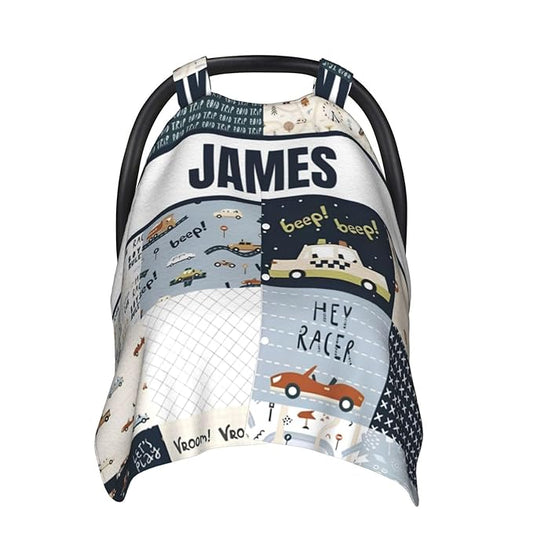 Personalized Baby Car Seat Canopy for Babies with Name, Custom Car Seat Covers for Boys, Car Nursing Breastfeeding Stroller Cover Infant Carseat Canopies for Newborn, OneSize