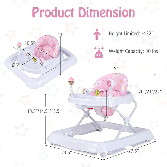 HONEY JOY Baby Walker, Foldable Toddler Push Walker with Toys, Adjustable Height, High Back Padded Seat, Infant Activity Walker with Wheels for Boys and Girls (Pink)