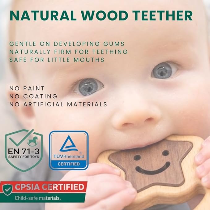 Handmade Montessori Wooden Baby Rattle 0–12 Months | Natural Beechwood Teether for Babies | Lightweight Star-Shaped Easy-Grip Infant Toy | Smooth Finish Sensory Play Toy | CPSIA & EN71 Tested