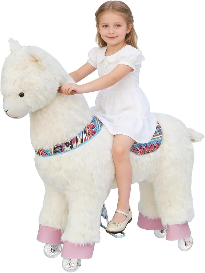 Ride on Alpaca Toys for Kids, Ride on Toy for 4 to 9 Years Old, 36.6'' Height Riding Horse Rider Mechanical Walking Action Plush Animal, No Battery or Electricity, Max Load 165LBS - White
