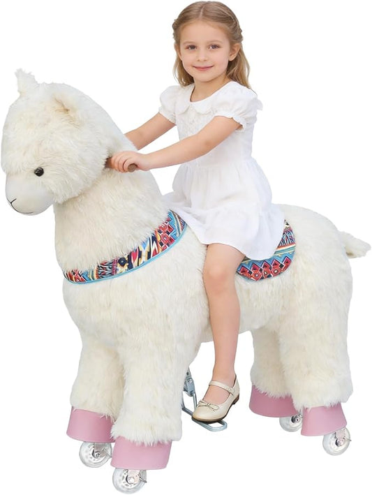 Ride on Alpaca Toys for Kids, Ride on Toy for 4 to 9 Years Old, 36.6'' Height Riding Horse Rider Mechanical Walking Action Plush Animal, No Battery or Electricity, Max Load 165LBS - White