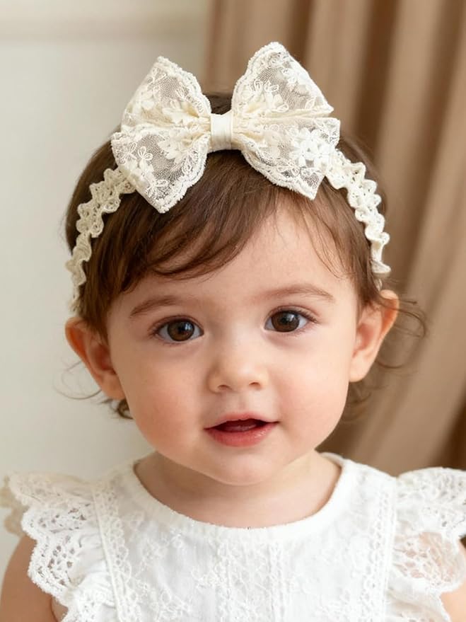 Handmade Baby Girl Headbands in Beige Baby Bows and Floral Lace Headband Bows for Newborns and Toddlers Cute Baby Girl Bows and Newborn Headband Bows
