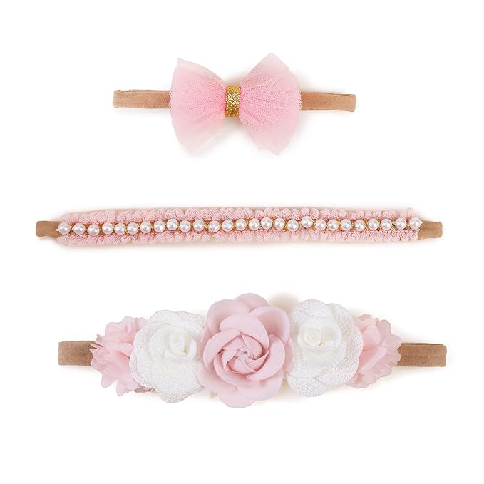 cherrboll Baby Girl Nylon Headbands, 3Pcs Handmade Floral Hair Bows, Stretchy Flower Hairbands for Newborns Infants Toddlers