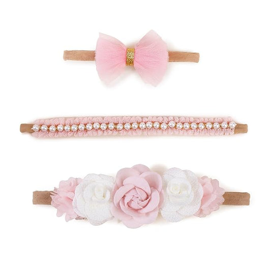 cherrboll Baby Girl Nylon Headbands, 3Pcs Handmade Floral Hair Bows, Stretchy Flower Hairbands for Newborns Infants Toddlers