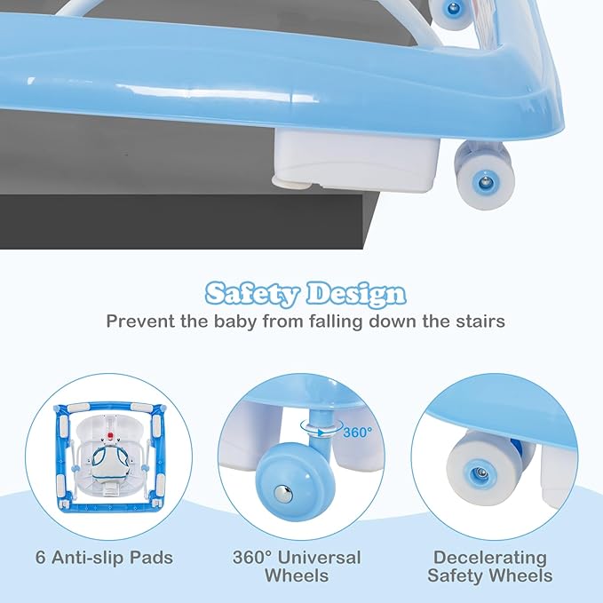 INFANS Foldable Baby Walker, 3 in 1 Toddler Walker Leaning-Seated Walk-Behind with Removable Music Tray, Adjustable Height, Washable Seat Cushion for Boys and Girls (Wave Point)