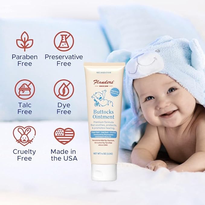 Flanders Buttocks Ointment – Zinc Oxide Diaper Rash Cream, Thick Barrier Paste for Baby & Adult Skin, Heat Rash, Chafing & Irritation Relief - 2 Pack (8oz Total)
