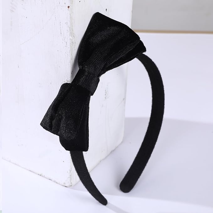 Velvet Bow Headband & 2 Pcs 4 Inch Hair Bows Set, Black School Hair Accessories for Little Toddler School Girls (Velvet Black)