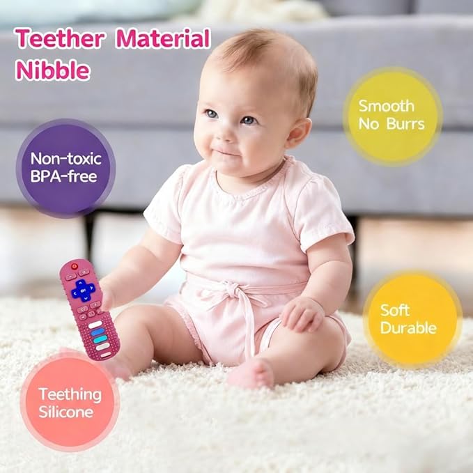 Baby Teether Toy,TV Remote Control Shape Teething Relief Chew Toy for Infants 0-12 Months,Baby Girl Toys & Baby Gift BPA Free,Pink