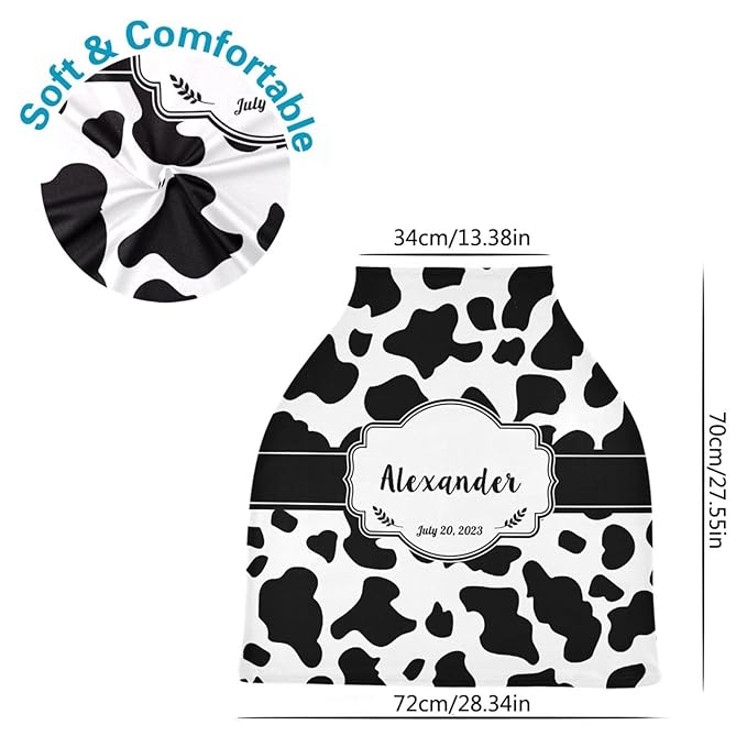 Personalized Baby Car Seat Cover for Babies, Custom Name Baby Car Seats Canopy for Boys Girls, Nursing Breastfeeding Stroller Covers for Infant Newborn, Shower Gift for Baby (Cow Stripes Black)