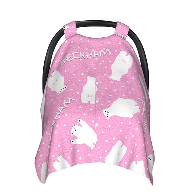 Personalized Baby Car Seat Canopy for Babies with Name, Custom Polar Bear Pink Stroller Car Seat Covers for Girls, Minky Nursing Carseat Cover for Breastfeeding, Car Seat Canopies for Newborn
