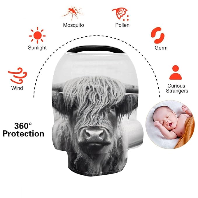 Baby Car Seat Covers Highland Cow Stretchy Breastfeeding Scarf Breathable Infant Carseat Canopy Nursing Covers Multi Use for Stroller High Chair Shopping Cart Boys and Girls
