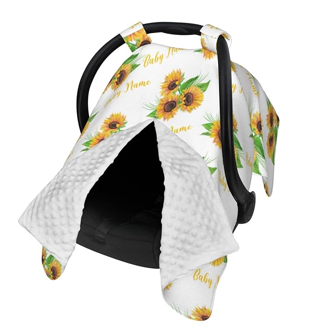 Personalized Sunflowers Baby Car Seat Canopy for Babies with Name, Customize Stroller Car Seat Covers for Girls Boys, Minky Nursing Carseat Cover for Breastfeeding, Car Seat Canopies for Newborn
