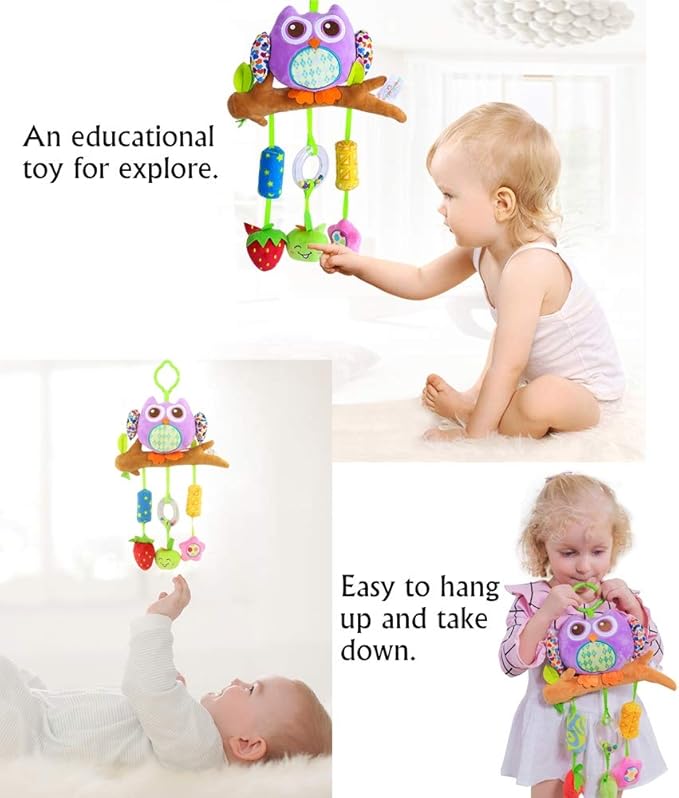 daisy's dream Owl Baby Rattle Stroller Toys for Infant Hanging Plush Toys with Wind Chime and Squeak for Crib Bed Car Seat 8.26'' x 16.9''