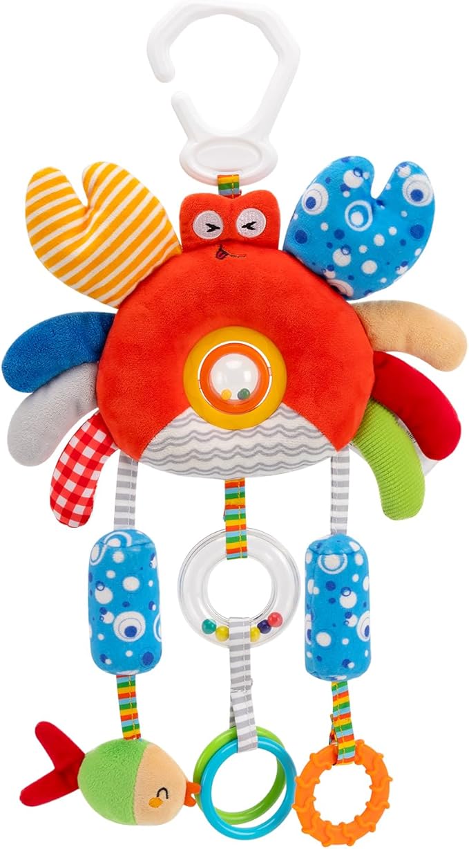 Crab Wind Chime Baby Car Seat Toy - Plush Stroller & Crib Hanging Toy with Teether, Squeaker, Portable Clip, Colorful Clear Rings for Sensory & Cognitive Development Hanging Toys
