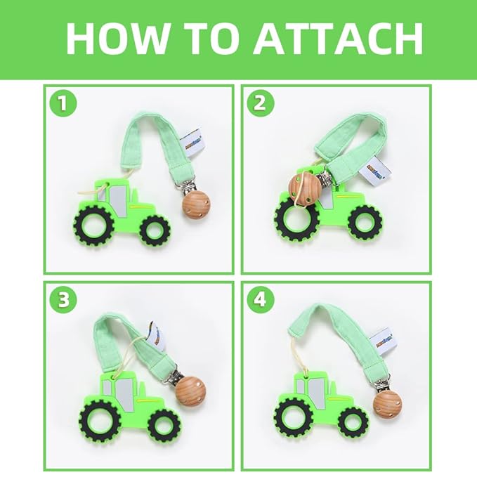 Baby Food Grade Silicone Tractor Car Teether Toy with Pacifier Clip Holder,Teething Pain Relief Toys Gift Set for 3 Months+ Boys and Girls,Freezer Safe,BPA Free (Green)