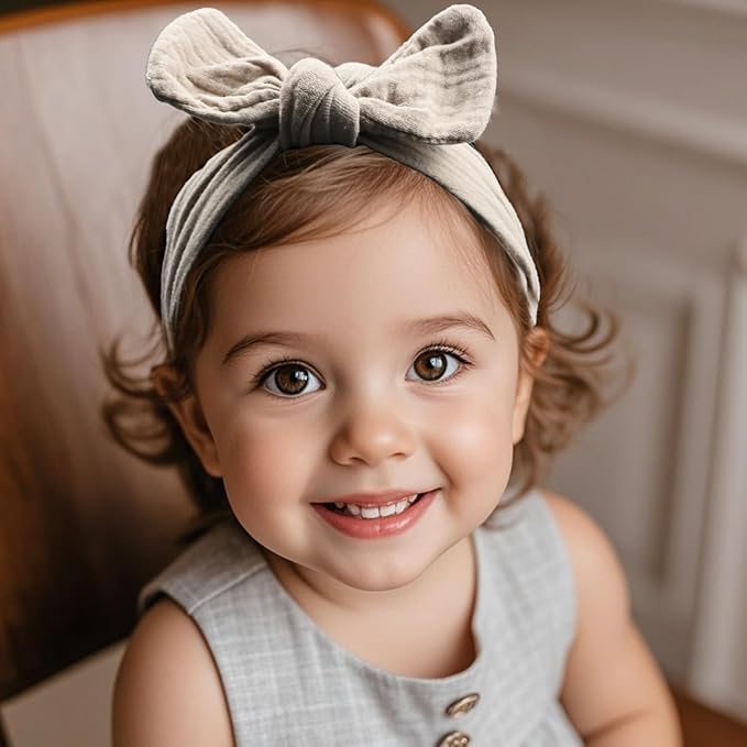Baby Girl Elastic Muslin Hair Bow Headband, Top Knottedd Solid and Floral Headwrap for Newborn, Infant, Toddlers (CJkhakiset)