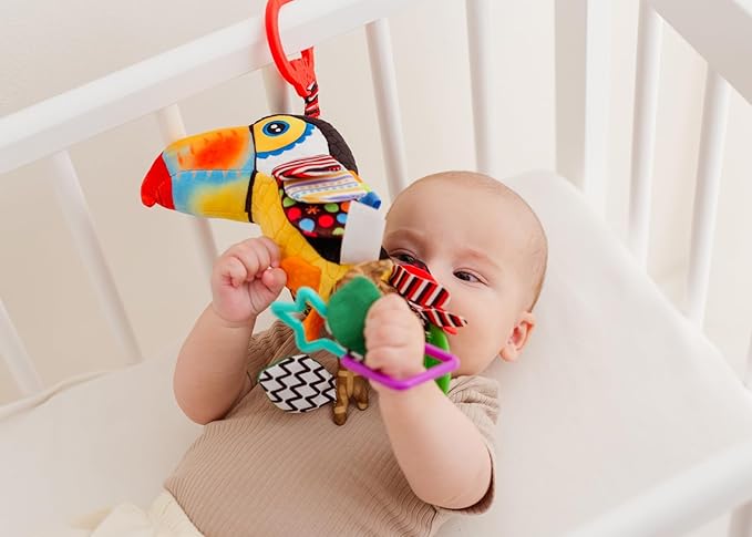 Balibazoo Toucan Hanging Baby Toy – Soft Plush Sensory Rattle with Crinkle Wings, Hidden Bell & BPA-Free Teether | Clip Attaches to Stroller, Car Seat, Gym | Developmental Toy for Babies 0-24M