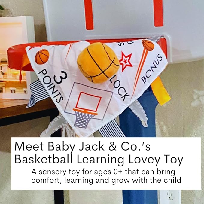 Baby Jack & Co 10x10” Basketball Sports Lovey Sensory Plush Blanket - Tag Toy for Developing Sense of Touch - Travel Stroller Toy w/BPA Free Clip - Learn Shapes, Letters & Colors - Sports Gift