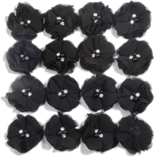 50 Pcs 2" Mini Chiffon Flowers with Rhinestones for Baby Girls Hair Accessories Artificial Fabric Flowers for Headbands Craft Projects (Black)