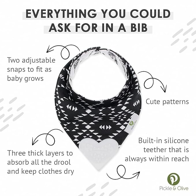 Pickle & Olive Reversible Baby Teething Bibs - Attached Heart Shaped Teether - Monochrome - Set of 2