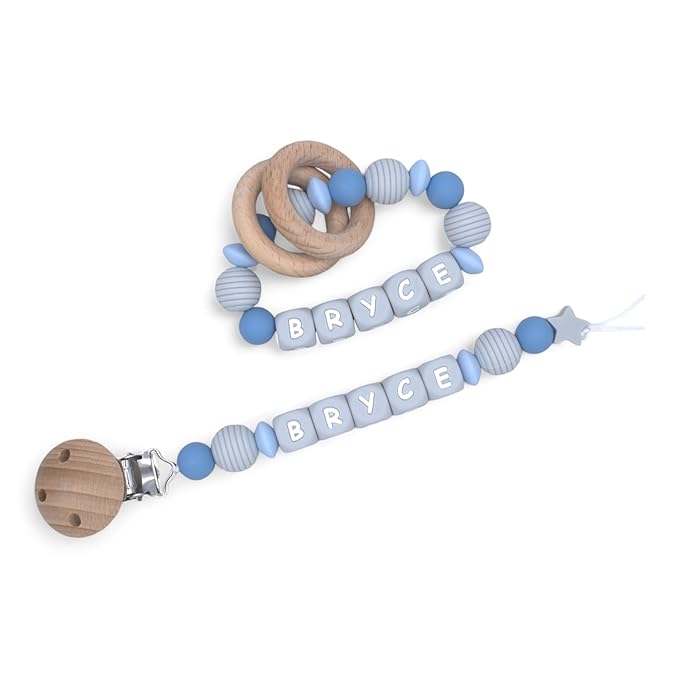 Personalized Baby Pacifier Clips, Rattle Rings & Keychains – Blue Styles | Stylish Baby Accessories, 3rd Party Tested for Safety