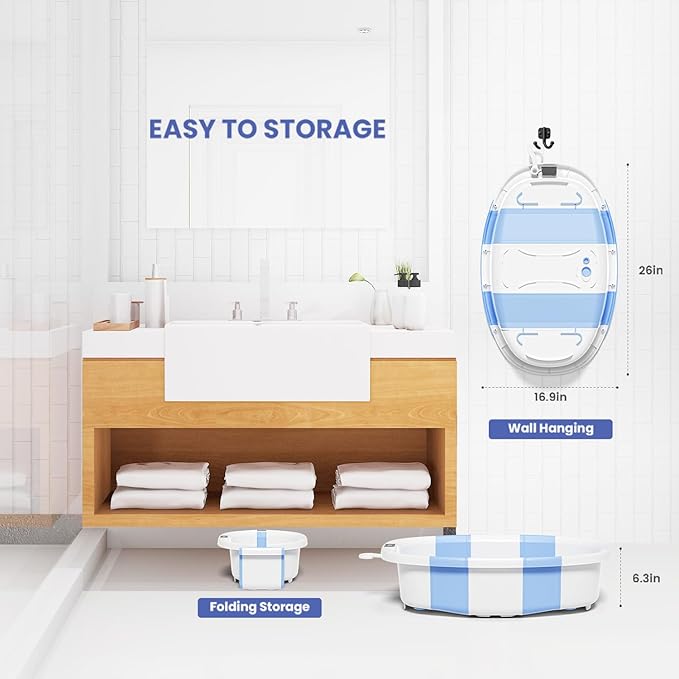 Collapsible Baby Bathtub with Soft Cushion and Thermometer, Newborn to Toddler Tub 0-36 Months with Toy Storage Mesh Bag, Portable Travel Bath for Infants (Blue)