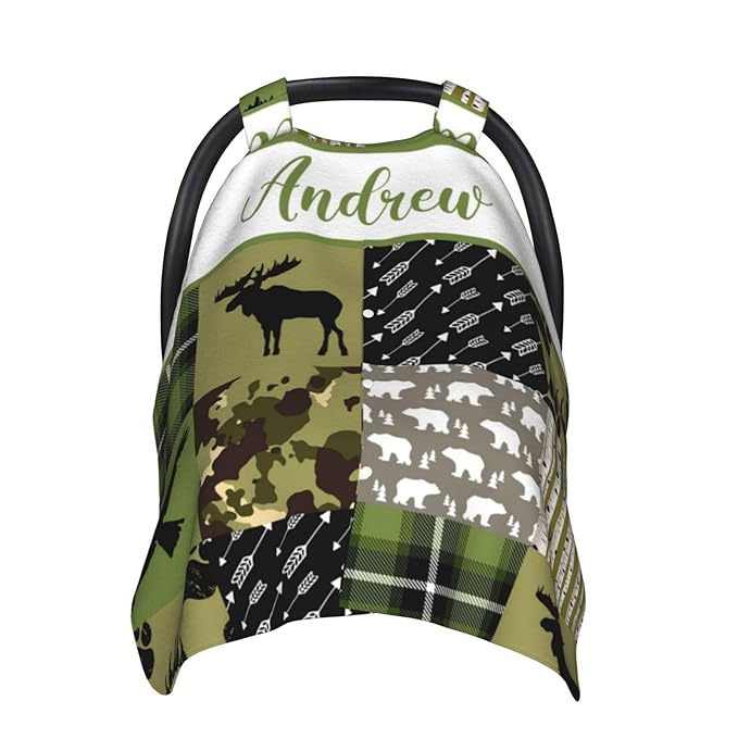 Personalized Baby Car Seat Canopy for Baby with Name, Custom Woodland Animals Green Car Seat Covers for Boy Girl, Opening Minky Nursing Breastfeeding Stroller Cover Carseat Canopies for Infant Newborn