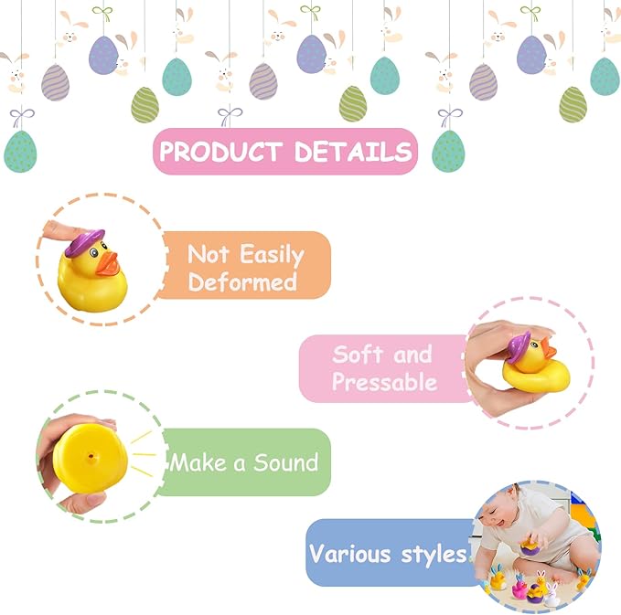 24Pcs Easter Ducks,Mini Rubber Ducks for Kids,2 Inch Bunny Duckies Bath Toys for Easter Party Favors Supplies Decoration,Classroom Exchange Prizes Gifts