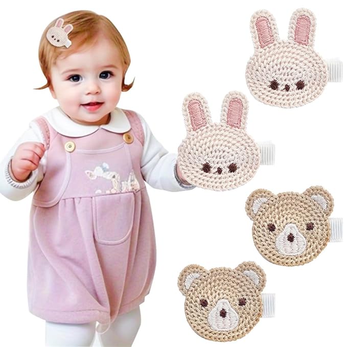 Cute Baby Girl Hair Clips Set Pink Animal Designs Cotton Crochet Clips Rabbit Bear Bow Bobby Pins for Infants & Toddlers (Rabbit and bear)