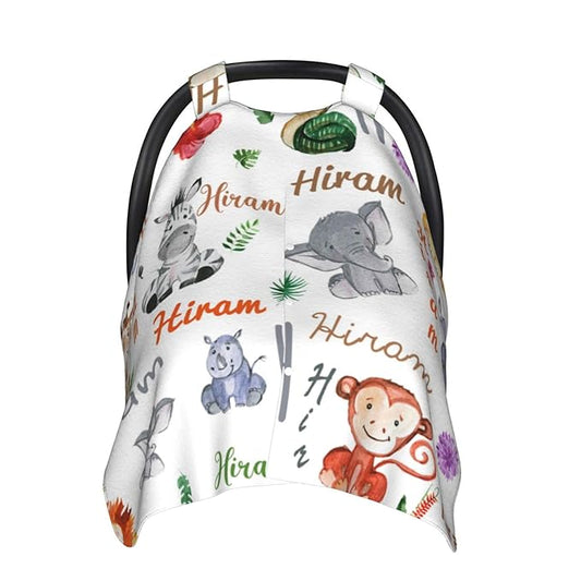 Personalized Name Baby Car Seat Cover for Boys Girls, Customized Infant Carseat Canopy with Peekaboo Opening, Multiuse Baby Carrier Covers Nursing Cover Breastfeeding Scarf for Newborn, Zoo Animal