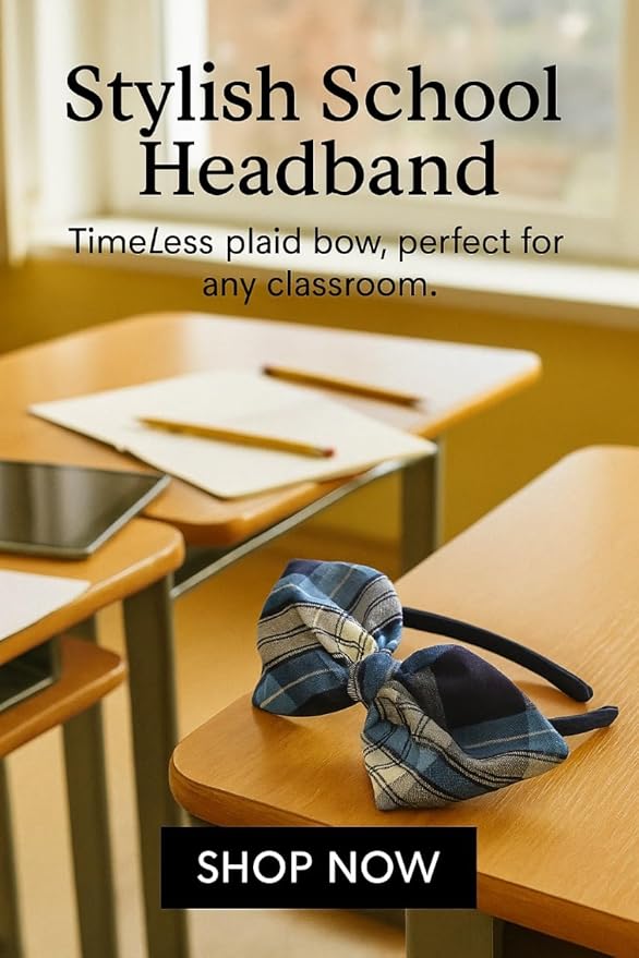 ClassExceed School Headband, Plaid bow headband, back to school, available in variety of school plaids (Plaid 76 Clear blue White Navy plaid, Regular)