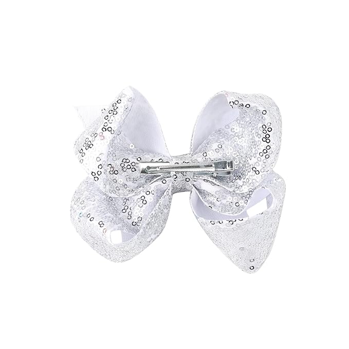6 Inch Silver Sparkly Glitter Sequin Hair Bows for Girls Toddlers Kids Children Teenage (2PCS)