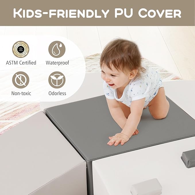 Olakids Climbing Toys for Toddlers, 6 Pieces Baby Foam Blocks Soft Play Set with PU Leather, Indoor Kids Climb and Crawl Sliding Activity Structure Gym Playground Climber (Gray)