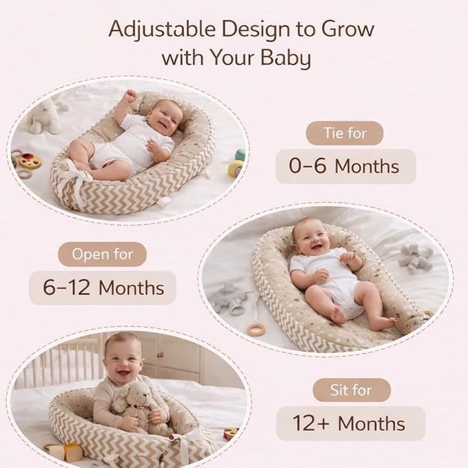 Aila+Aiden Baby Lounger | Organic Cotton Infant Lounger | Reversible, Adjustable & Portable Floor Lounger | Supervised Use | Soft, Breathable, Washable Cover- Star Collection (Tan)