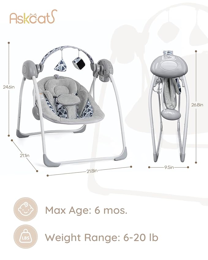 Baby Swings for Infants, Portable Baby Swing Folds Easy with Adaptable Speed, Music,Timer,Baby Swing Indoor/Outdoor,Infant Swing for Babies 0-6 Months 6-20 lbs Grey
