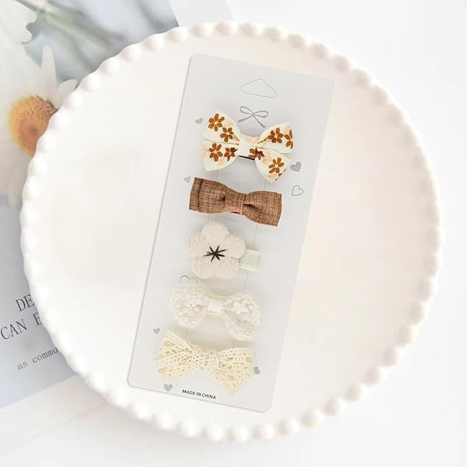 Neutral Baby Hair Clips Set – Floral, Lace & Crochet Toddler Hair Clips, Soft Fabric Wrapped Duckbill Clips (5-Pack Gentle Everyday Style)