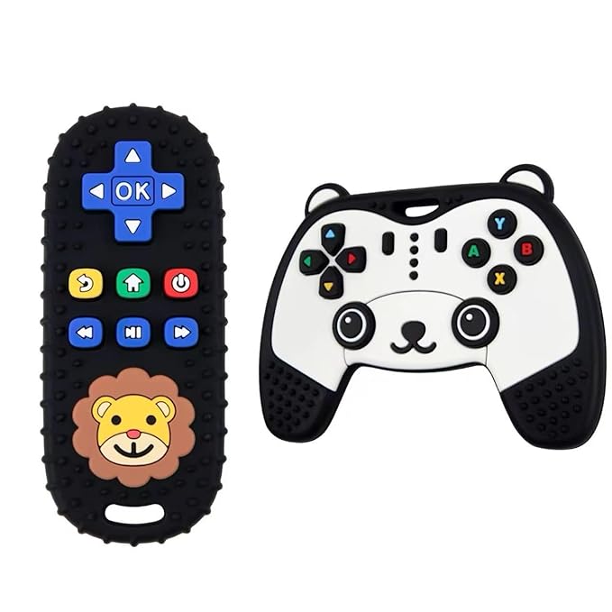 Baby Teething Toy, Soft TV Remote and Game Controller Shape Chew Set, Educational Toy for Intellectual Development, Safe Silicone for Toddler and Infant (Black (Panda Handle + Lion Remote Control))