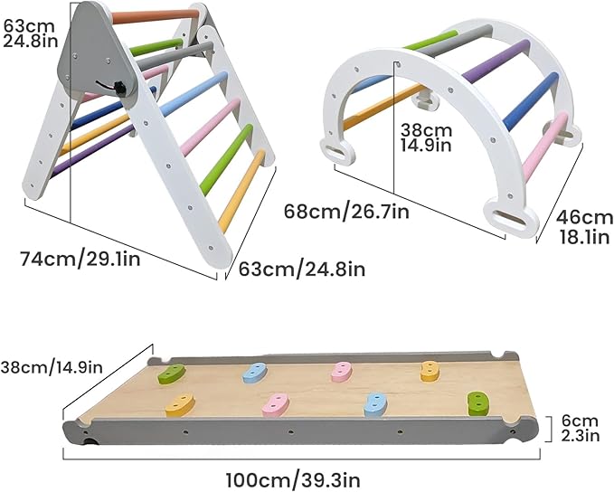 Pikler Triangle Climbing Set for Toddler 7 in 1 Rainbow Indoor Climber Set Foldable Montessori Wooden Climbing Toy with Ramp and Arch Indoor Gyms Playground for Toddlers Kids