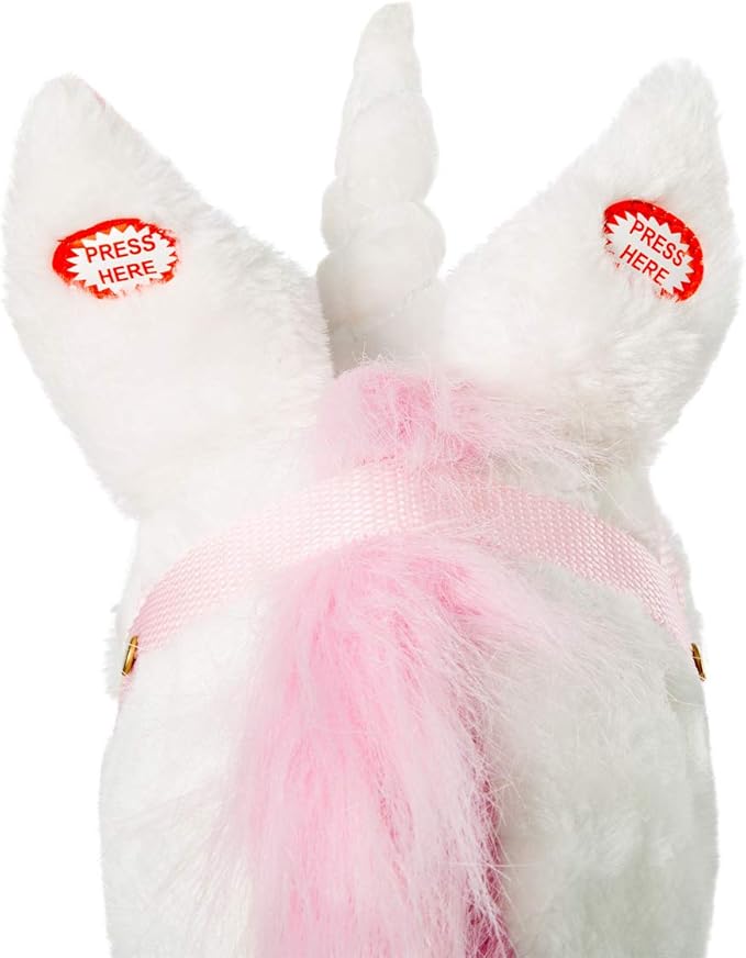 HollyHOME Plush Unicorn Stick Horse with Wood Wheels Real Pony Neighing and Galloping Sounds Plush Toy White 37 Inches(AA Batteries Required)