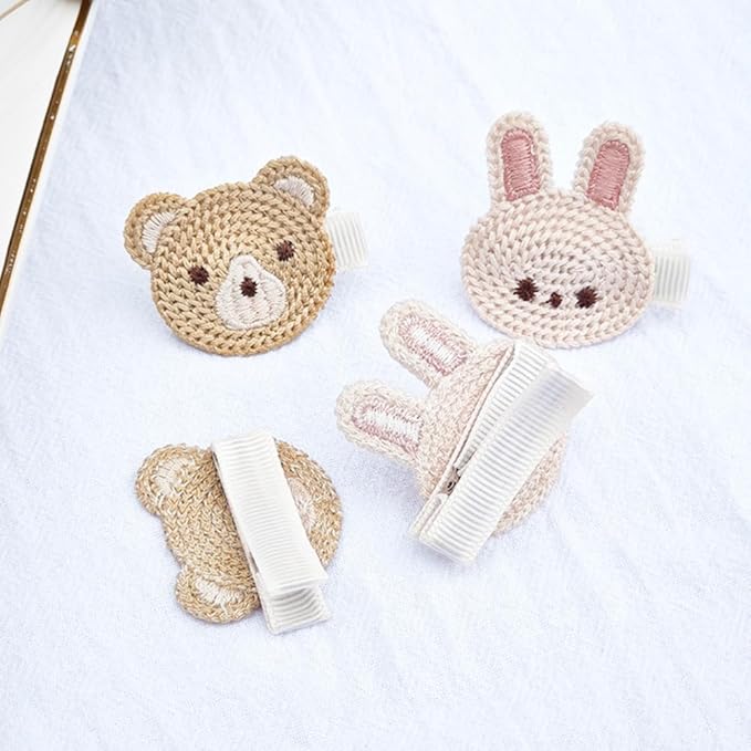 Cute Baby Girl Hair Clips Set Pink Animal Designs Cotton Crochet Clips Rabbit Bear Bow Bobby Pins for Infants & Toddlers (Rabbit and bear)
