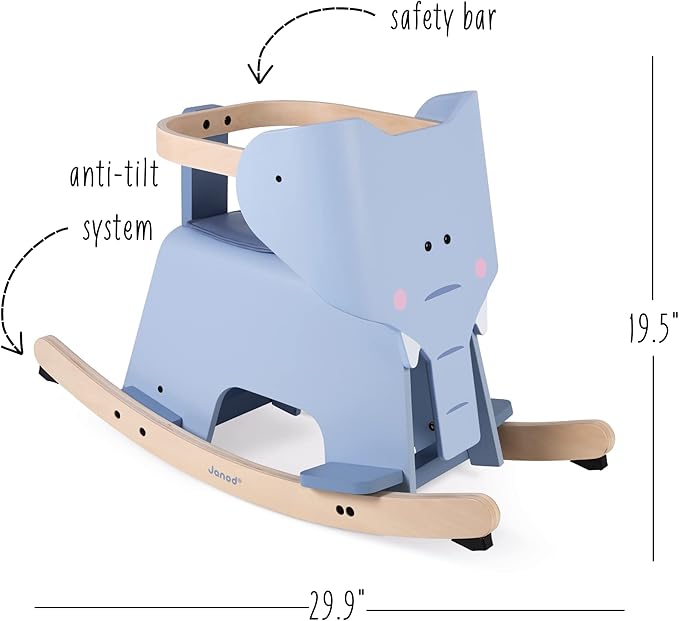 Janod Rocking Elephant – Classic Wood Rocker Ride-On Toy - Ages 1+ - J08024