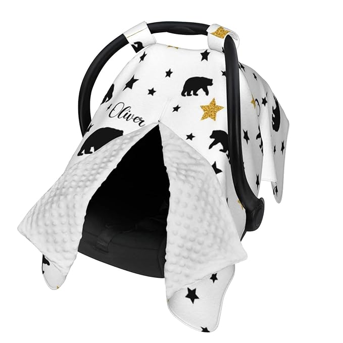 Personalized Black Bear Baby Infant Car Seats Canopy for Babies with Name, Custom Multi-use Blankets for Baby Boys Girls, Peekaboo Minky Nursing Breastfeeding Stroller Cover Canopies for Newborn