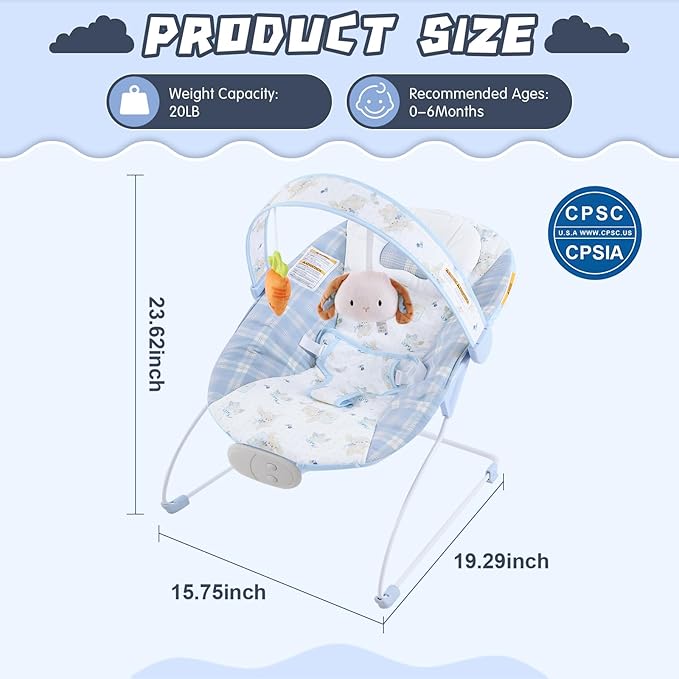 Portable Baby Bouncer Seat with 8 Melodies, 3 Vibration Levels & Adjustable Volume, Foldable Infant Bouncer Rocker with Safety Harness for Baby 0-6 Months, Indoor & Outdoor Use BR2401