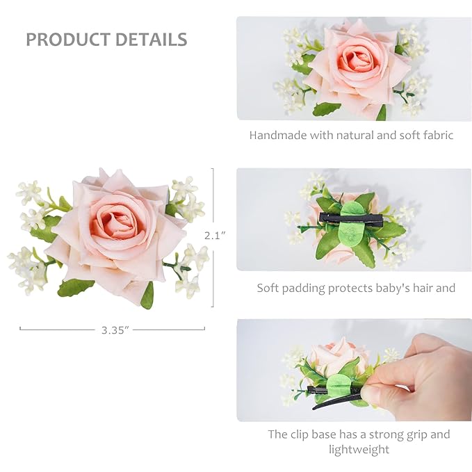 3pcs Girls Flower Hair Clips, Floral Rose Hair Barrettes w/Boutique Fully Lined Alligator, Hair Bows for Baby Newborn Toddler