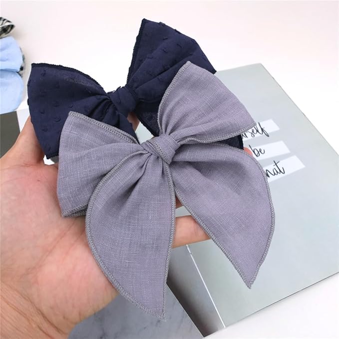 Pack of 4 Gorgeous Fable Bow Hair Clips for Girls Women Linen Hair Bow Alligator Clips Toddler Baby Mom Young Girl Hair Accessories (Grey/Navy)