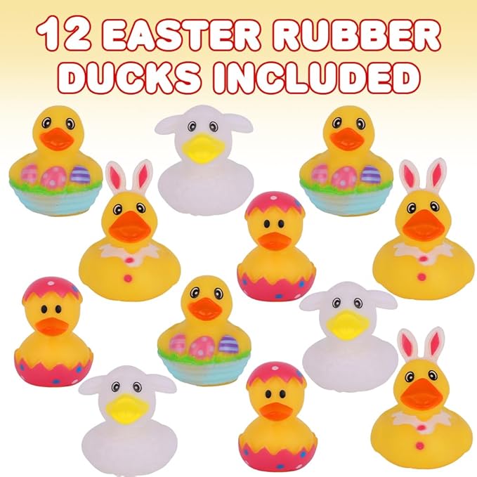 ArtCreativity 2.5 Inch Easter Rubber Ducks for Kids – Pack of 12 Assorted Mini Easter Ducks, Easter Basket Stuffers, Egg Hunt Surprise Toys, Easter Party Favors, Jeep Ducks & Bath Toys