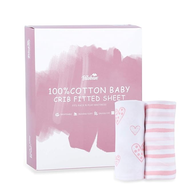 Square Playard/Playpen Fitted Sheets, Perfect for 36 X 36 Portable Playard, 2 Pack, 100% Jersey Knit Cotton Fitted Sheets, Mild Pink Stripes and Hearts Print for Baby Girls
